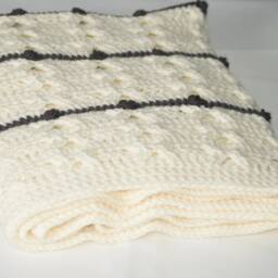 Cream Crocheted Blanket Non Wool Afghan, Brown Striped & Bobbles - thumbnail 3