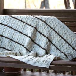 Cream Crocheted Blanket Non Wool Afghan, Brown Striped & Bobbles - thumbnail 2