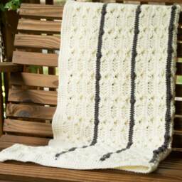 Cream Crocheted Blanket Non Wool Afghan, Brown Striped & Bobbles