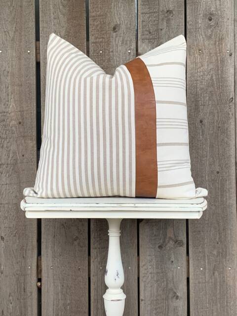 1 Modern Farmhouse Wide Striped Pillow Cover W/Faux Leather Accent - Woven Stripe Cream Backing Choose Your Pattern - image 1
