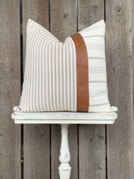 1 Modern Farmhouse Wide Striped Pillow Cover W/Faux Leather Accent - Woven Stripe Cream Backing Choose Your Pattern - thumbnail 1
