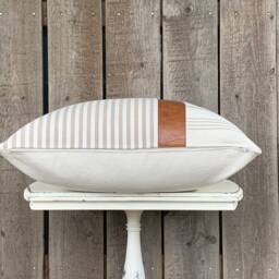 1 Modern Farmhouse Wide Striped Pillow Cover W/Faux Leather Accent - Woven Stripe Cream Backing Choose Your Pattern - thumbnail 2