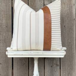 1 Modern Farmhouse Wide Striped Pillow Cover W/Faux Leather Accent - Woven Stripe Cream Backing Choose Your Pattern - thumbnail 3