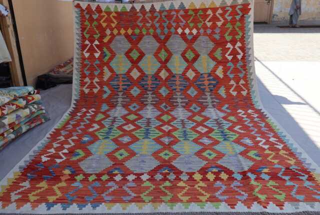 6'9x9'4 Ft Large Kilim Rug, Geometric Gabbeh Design Handmade Wool Area Orange Gray Blue Green, Oriental Afghan Bedroom Carpet - image 1