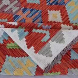 6'9x9'4 Ft Large Kilim Rug, Geometric Gabbeh Design Handmade Wool Area Orange Gray Blue Green, Oriental Afghan Bedroom Carpet - thumbnail 4