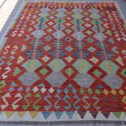 6'9x9'4 Ft Large Kilim Rug, Geometric Gabbeh Design Handmade Wool Area Orange Gray Blue Green, Oriental Afghan Bedroom Carpet - thumbnail 3