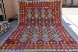 6'9x9'4 Ft Large Kilim Rug, Geometric Gabbeh Design Handmade Wool Area Orange Gray Blue Green, Oriental Afghan Bedroom Carpet - thumbnail 1