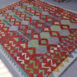 6'9x9'4 Ft Large Kilim Rug, Geometric Gabbeh Design Handmade Wool Area Orange Gray Blue Green, Oriental Afghan Bedroom Carpet - thumbnail 2