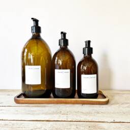 New Amber Glass Refillable Bottle 500Ml With Waterproof Label & Plastic Pump, Soap Dispenser