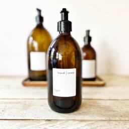 New Amber Glass Refillable Bottle 500Ml With Waterproof Label & Plastic Pump, Soap Dispenser - thumbnail 2