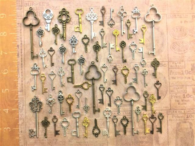 Replica Keys Skeleton Bright New Vintage Antique Old Charms Jewelry Steampunk Wedding Bead Pendant Ring Fob Craft - image 1