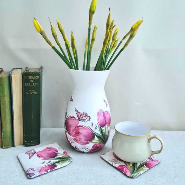 Pink Tulip Vase & Slate Coaster Gift Set, Floral Home Decor Gift, Hand Crafted - image 1