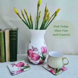 Pink Tulip Vase & Slate Coaster Gift Set, Floral Home Decor Gift, Hand Crafted - thumbnail 3