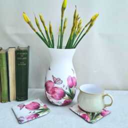 Pink Tulip Vase & Slate Coaster Gift Set, Floral Home Decor Gift, Hand Crafted - thumbnail 1