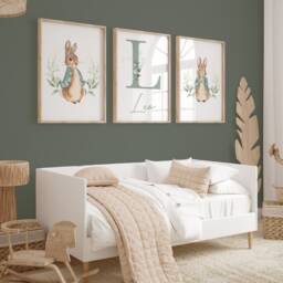 Set Of 3 Sage Green Peter Rabbit Nursery Print, Personalised Kids Bedroom Art, Decor, Wall New Baby Gift - thumbnail 2
