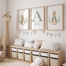 Set Of 3 Sage Green Peter Rabbit Nursery Print, Personalised Kids Bedroom Art, Decor, Wall New Baby Gift - thumbnail 3
