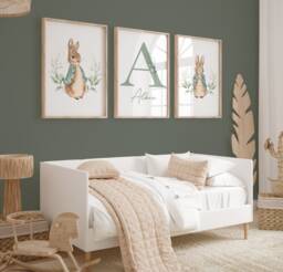 Set Of 3 Sage Green Peter Rabbit Nursery Print, Personalised Kids Bedroom Art, Decor, Wall New Baby Gift - thumbnail 1