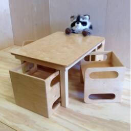 Kids Large Table 2 Cube Chairs, Montessori Set Custom Finish - thumbnail 3