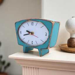 Handmade Wooden Mantel Clock, Silent Shelf Decor Turquoise & Blue - thumbnail 3