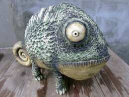 One-Of-A-Kind Ceramic Chameleon Sculpture, Handmade Fireclay Figurine