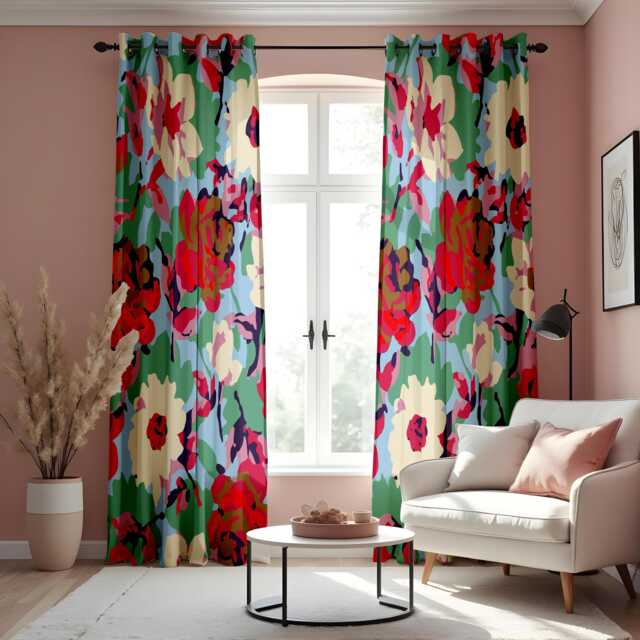 Abstract Watercolor Floral Curtains, Vibrant Multicolor Peony Print Drapes, Modern Artistic Window Treatment, Custom Length Panel Curtains - image 1
