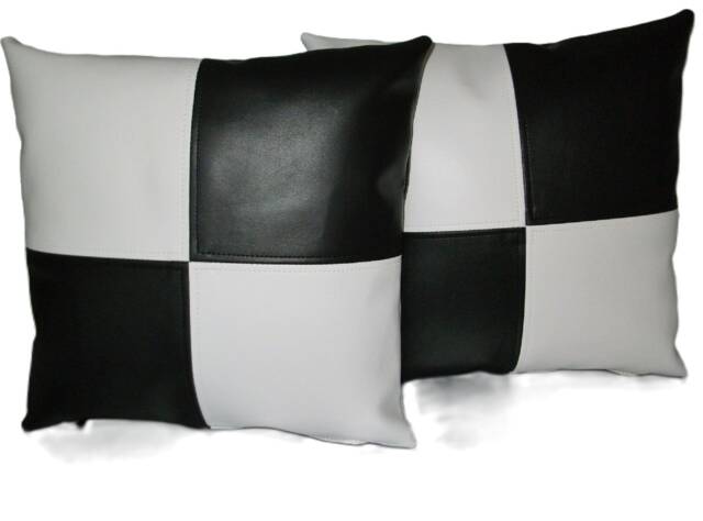 "2 Black & White Check Faux Leather Cushions 16"" 18"" 20" - image 1
