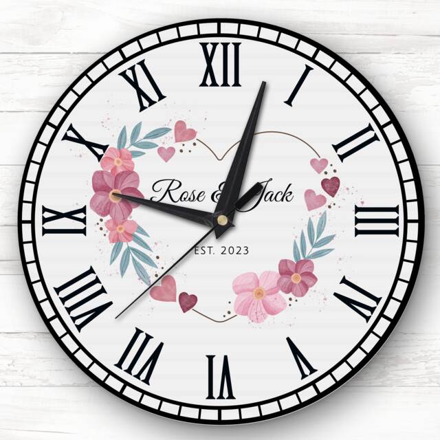 Floral Heart Anniversary Birthday Valentine's Gift Grey Personalised Clock - image 1
