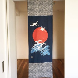 Japanese Noren Curtain Navy Blue, 1 Panel Curtain, Tapestry, Tissue Fabric, Crane Wall Fabric Panel, Tsuru & Sun Decoration - thumbnail 2