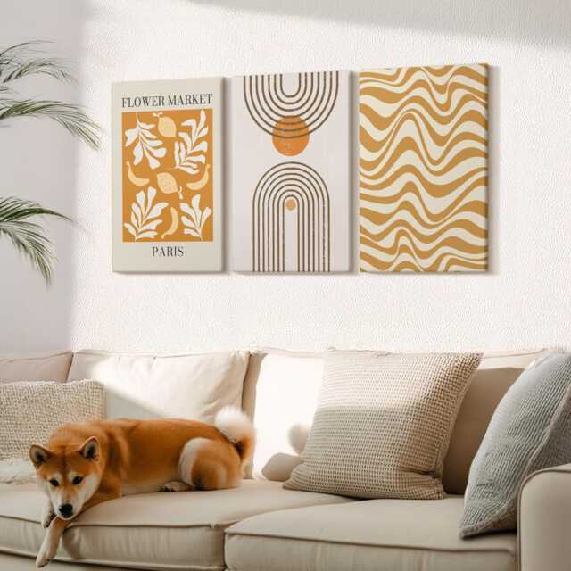 Canvas Set Of 3 Wall Art - Floral & Geometric Patterns Fashion Posters, Orange Print, ? Decor - image 1