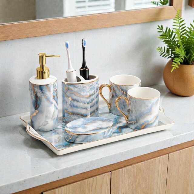 Bathroom Luxury 6 Piece Set Stone Soap Dispenser, Tumbler , Dish, Toothbrush Holder, Tray, Unique Decor - image 1