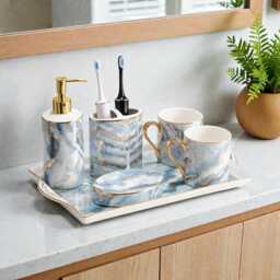 Luxury Blue Stone Bathroom Set, Gold Accent Decor, 6 Piece