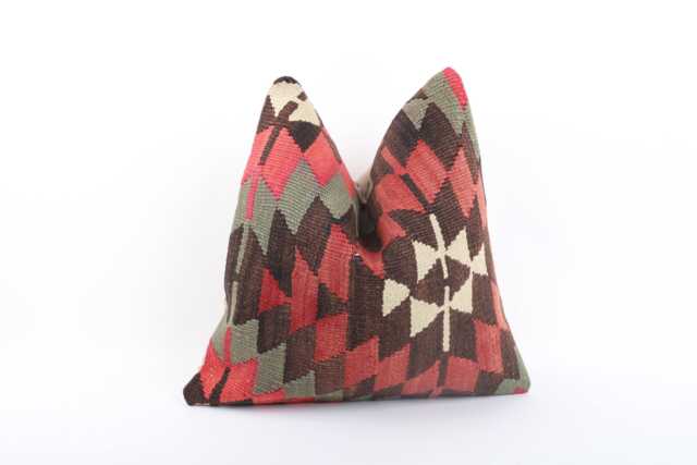 Vintage Turkish Kilim Pillow Cover Handwoven Wool Cushion, 16x16 - image 1