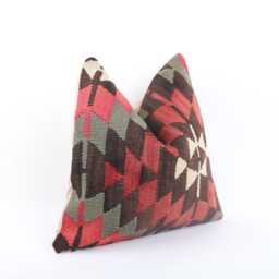 Vintage Turkish Kilim Pillow Cover Handwoven Wool Cushion, 16x16 - thumbnail 3