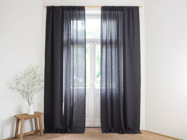 Charcoal Linen Curtain Panel, Rod Pocket, Custom Size - image 1