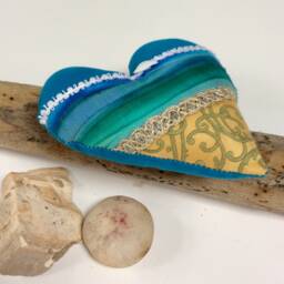 Handmade Coastal Heart Pillow, Beach Decor, Shell Embellished - thumbnail 4