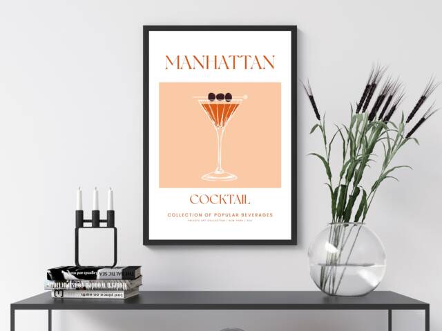 Manhattan Cocktail Art Print Poster - Party Signature Drink Sign Trendy Wall Decor Minimalist Elegant Retro Gift A5 A4 A3 - image 1