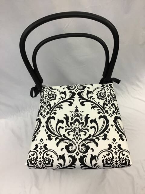Damask Chair Cushion Black & White Traditions Fabric, Grosgrain Ties - image 1