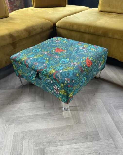 Green Floral Ottoman - Square Storage Footstool, Satin Upholstery - image 1