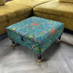 Green Floral Ottoman - Square Storage Footstool, Satin Upholstery - thumbnail 4