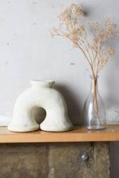 Mid-Season Sale Moroccan Unglazed, Raw Tamegroute Ceramics, Abstract Ecru Elephant's Foot Candlestick Sculpture, Craftsmanship - thumbnail 1