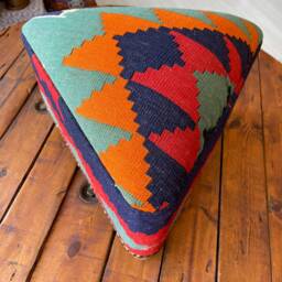 Vintage Kilim Triangle Stool Beech Wood Ottoman Foot Rest - thumbnail 4