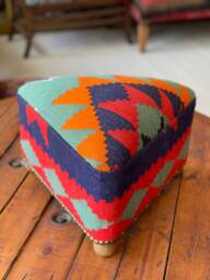 Vintage Kilim Triangle Stool Beech Wood Ottoman Foot Rest