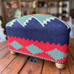 Vintage Kilim Triangle Stool Beech Wood Ottoman Foot Rest - thumbnail 3