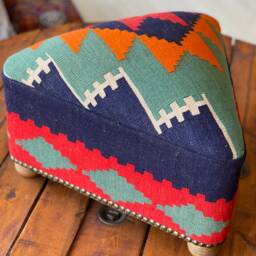 Vintage Kilim Triangle Stool Beech Wood Ottoman Foot Rest - thumbnail 2