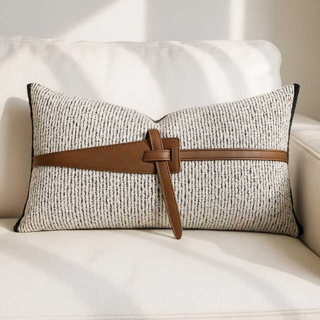 Leather Strap Lumbar Cushion Cover Neutral Textured Woven Pillow Case Modern Sofa Decor 30x50 Boho Farmhouse Tan Brown Belt Accent - image 1