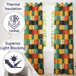 Rounded Square Color Grid Pattern Texture Seamless Readymade Eyelet Ring Top Thermal 100% Blackout Curtains - thumbnail 3