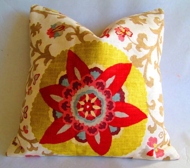 "Braemore Silsila Fabric Decorative Throw Pillow Cover in Red, Citron, Brown On White 18""x18" - image 1