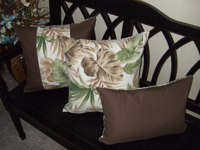 Tropical Hawaiian Leaves Indoor/Outdoor Canvas Pillow Covers & Inserts, Green, Chocolate, Brown, Off White With Zippers - Free Shipping - image 1