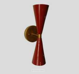 Mid-Century Modern Brass Wall Sconce - Red Enamel Double Cone Light - thumbnail 1