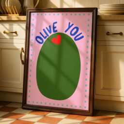 Olive You Kitchen Print - Fun Colourful Wall Art Pink & Green Prints - thumbnail 1